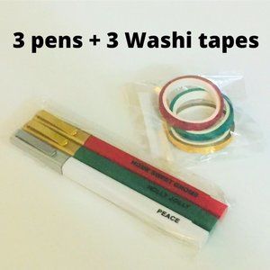 Xmas 3 Pens + 3 Washi Tape Set Shiny Christmas Holiday Red Green Gold Stationary
